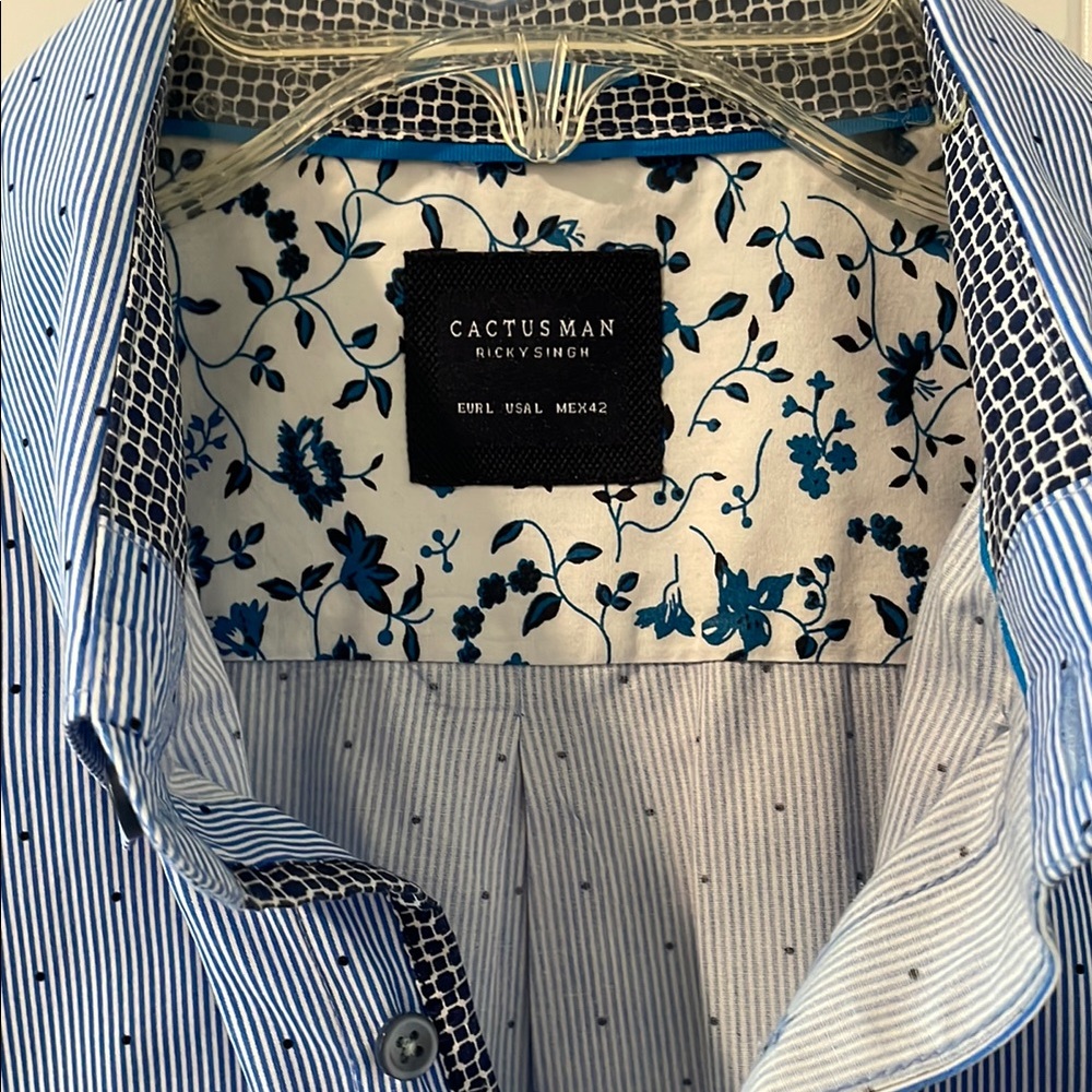 Cactus Man Blue Patterned Men's Shirt Contrasting Trim 100% Cotton